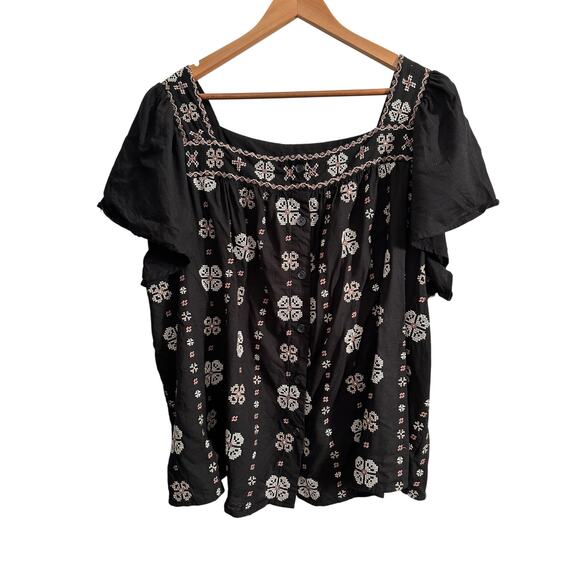 Torrid 4X Boho Black Embroidered Peasant Blouse | Rayon Linen Blend Festival - Picture 11 of 13
